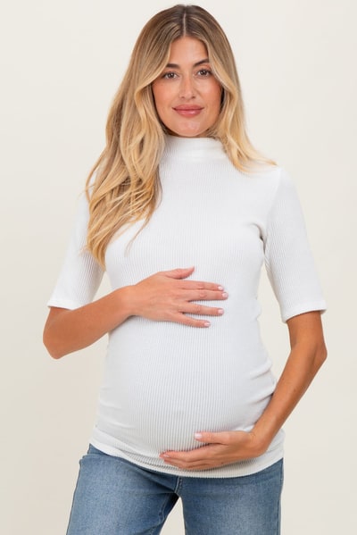 PinkBlush White Soft Brushed Knit Mock Neck Maternity Top