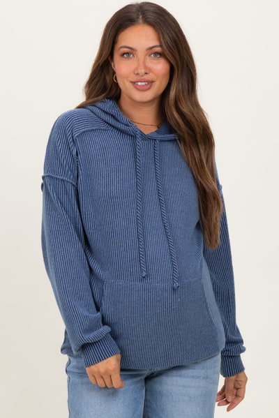 PinkBlush Navy Long Sleeve Brushed Urban Rib Maternity Hoodie Top