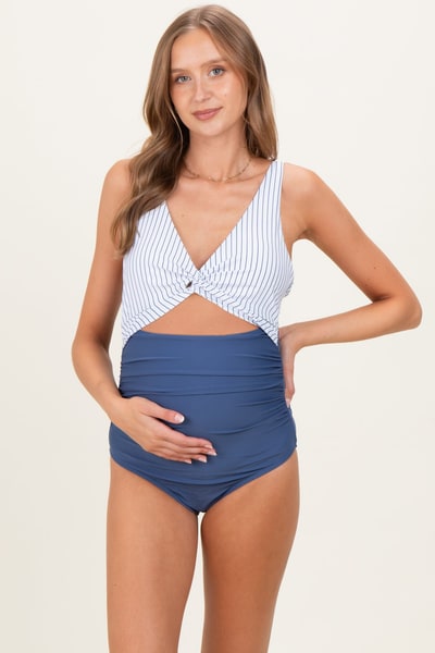 PinkBlush Ivory Striped Color Block Cutout Maternity Swimsuit