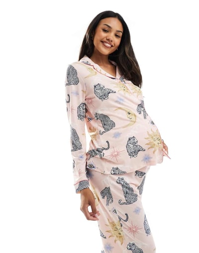 ASOS Chelsea Peers Maternity poly long sleeve camp collar pajama set in celestial tiger print