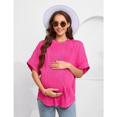 Target Womens Maternity Shirts Summer Ribbed knit Short Sleeve Casual Pregnancy Clothes Crewneck Loose Maternity Tops RoseRed Large