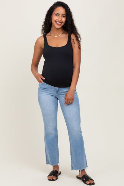 PinkBlush Blue High Rise Uneven Raw Hem Kick Flare Maternity Jeans