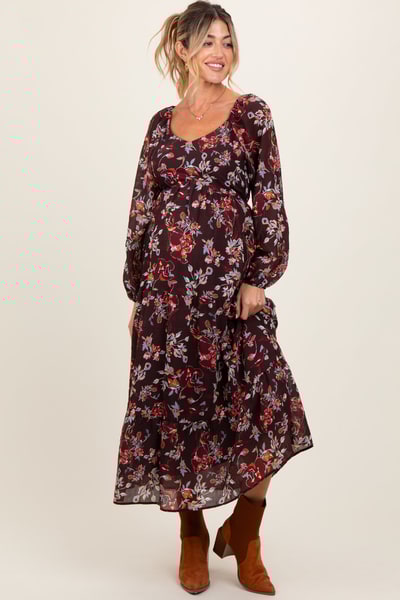PinkBlush Brown Floral V-Neck Bubble Sleeve Maternity Maxi Dress