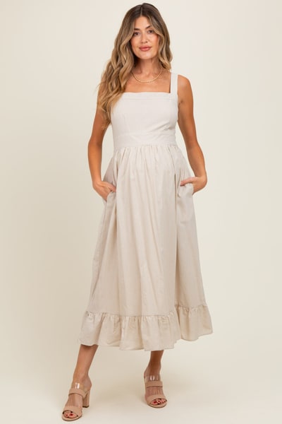 PinkBlush Beige Striped Cotton Sleeveless Maternity Dress