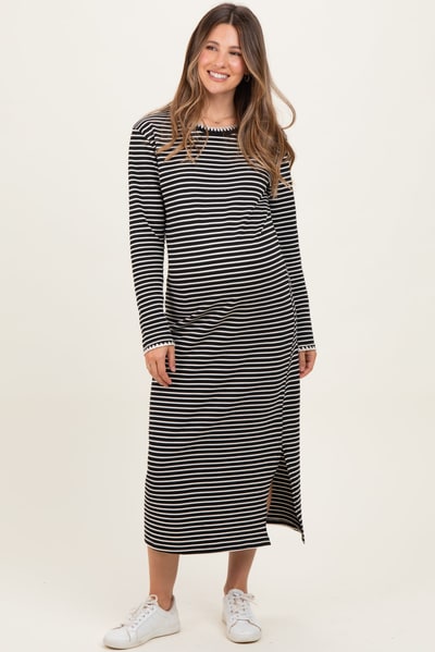 PinkBlush Black Striped Stitch Detail Long Sleeve Maternity Midi Dress