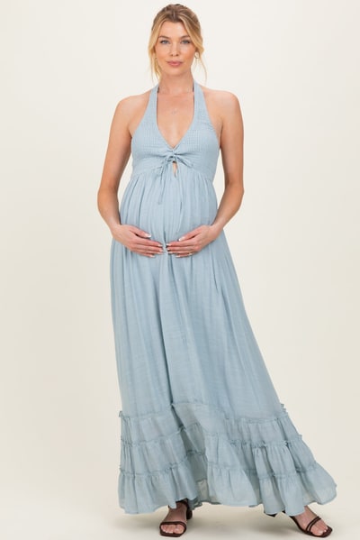 PinkBlush Light Blue Halter Neck Smocked Maternity Maxi Dress