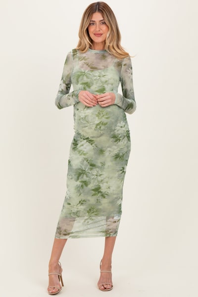 PinkBlush Light Olive Floral Mesh Overlay Maternity Maxi Dress