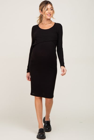 PinkBlush Black Brushed Knit Long Sleeve Maternity Wrap Nursing Dress