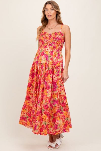PinkBlush Coral Floral Textured Smocked Maternity Maxi Dress