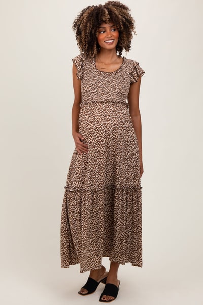 PinkBlush Mocha Leopard Print Ruffle Sleeve Tiered Maternity Maxi Dress