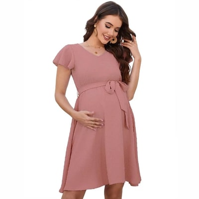 Target Maternity V Neck Swiss Dot Dress Summer Casual Short Sleeve Flowy Midi Dress Belt Photoshoot Baby Shower Dusty Pink L