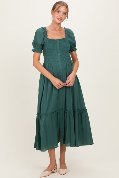 PinkBlush Forest Green Smocked Button Down Maternity Maxi Dress