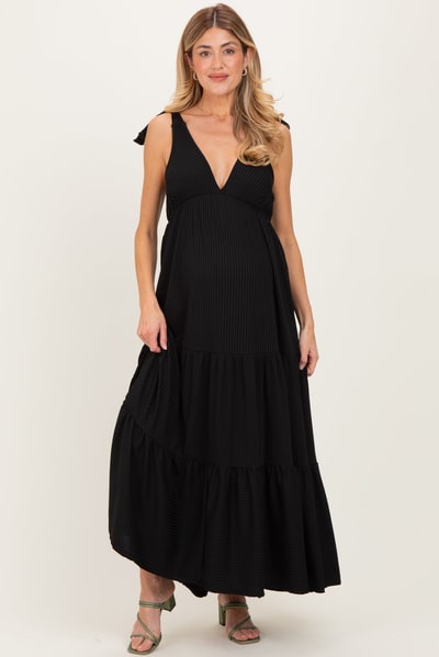 PinkBlush Black Shoulder Tie Ribbed Tiered Maternity Maxi Dress