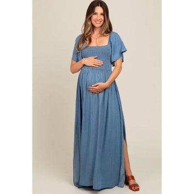 Target Pinkblush Light Blue Chambray Smocked Maternity Maxi Dress Medium