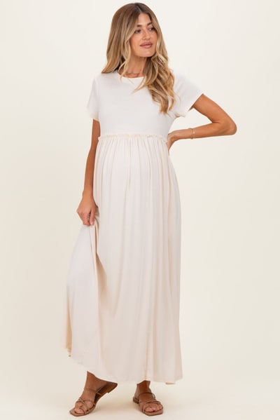 PinkBlush Soft White Ruffle Trim Maternity Maxi Dress