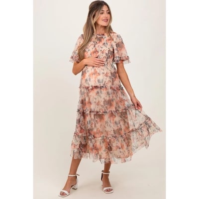 Target Pinkblush Peach Floral Mesh Smocked Maternity Midi Dress Medium