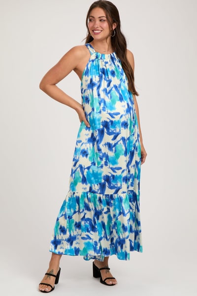 PinkBlush Blue Watercolor Print Satin Maternity Midi Dress