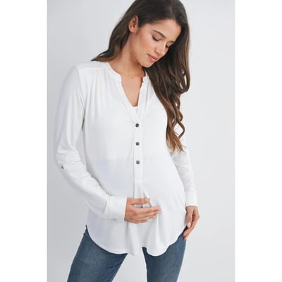 Target Hello Miz Women's Henley V Neck Roll Tab Button Maternity Nursing Top - Ivory - Small