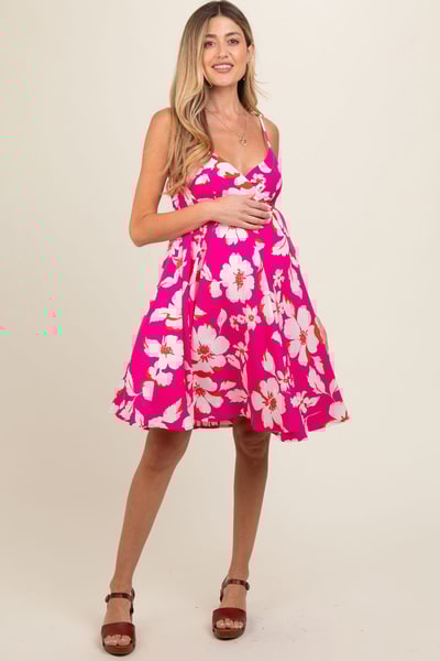PinkBlush Fuchsia Floral Wrap Top Accent Maternity Dress