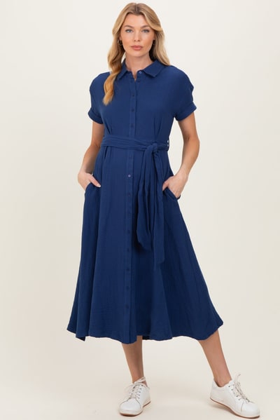 PinkBlush Navy Belted Maxi Maternity Shirt Dress