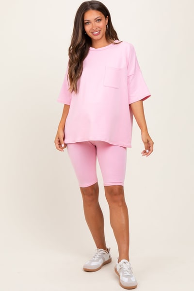 PinkBlush Light Pink Oversized Short Sleeve Biker Short Maternity Set