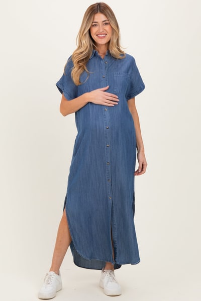PinkBlush Blue Chambray Button Down Maternity Shirt Dress