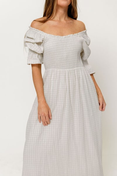 Worth Collective Sienna 100% Cotton Puff Sleeve Maxi Dress in Baby Blue Plaid (Lined) - Bump Friendly