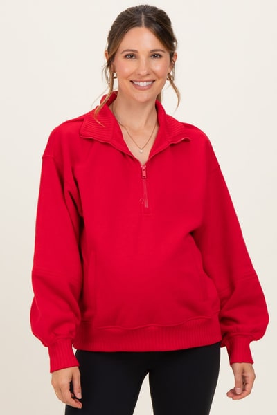 PinkBlush Red French Terry Quarter Zip Maternity Pullover