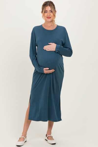 PinkBlush Teal Oversized Long Sleeve Maternity Midi Dress