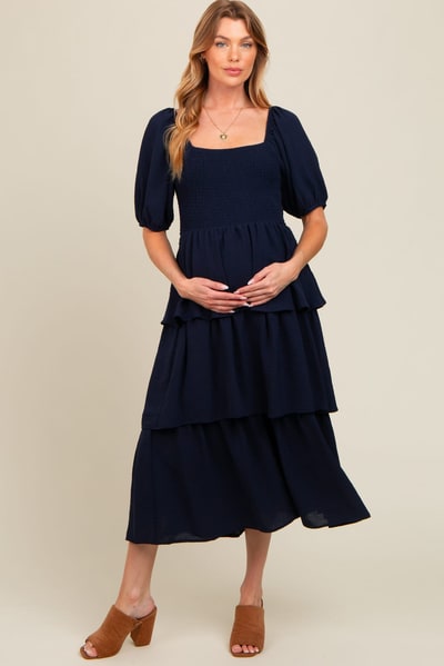 PinkBlush Navy Smocked Body Ruffled Tiered Maternity Midi Dress