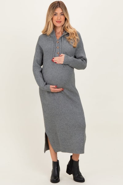 PinkBlush Grey Hooded Sweater Maternity Midi Dress