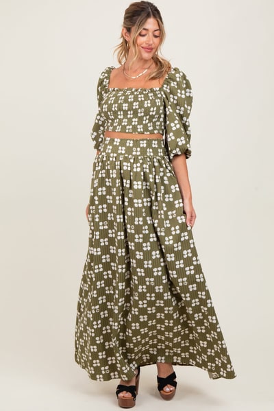 PinkBlush Olive Printed Smocked Crop Top Maxi Skirt Maternity Set