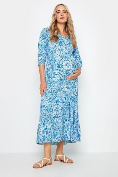 Yours Clothing LTS Tall Maternity Blue Tile Print Tiered Midaxi Dress