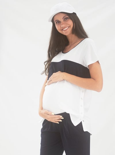 Angel Maternity Maternity and Nursing T-Shirt in Navy and White with Side Zip
