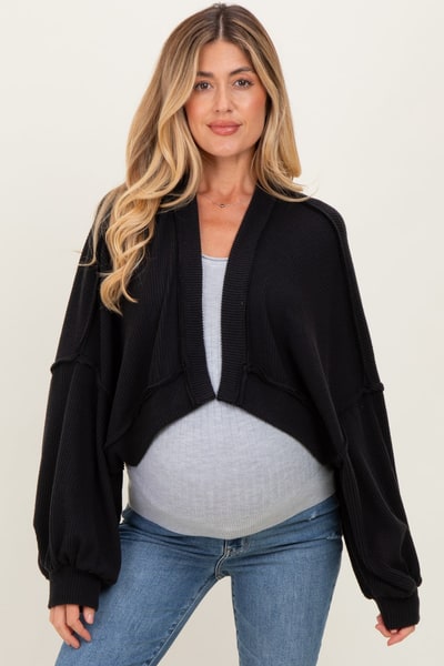 PinkBlush Black Solid Ribbed Long Sleeve Cropped Maternity Cardigan