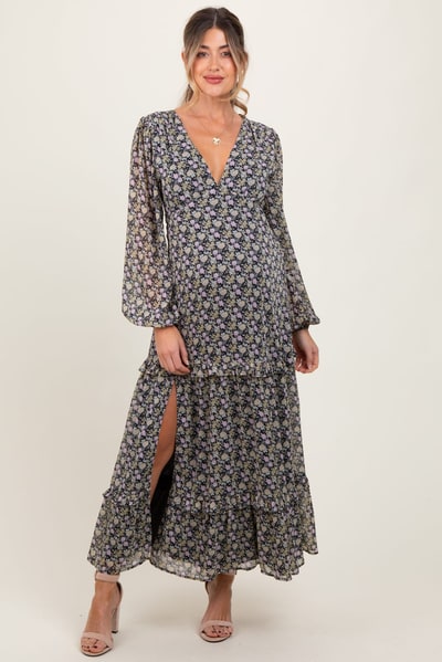 PinkBlush Black Floral Chiffon V-Neck Ruffle Tiered Maternity Maxi Dress