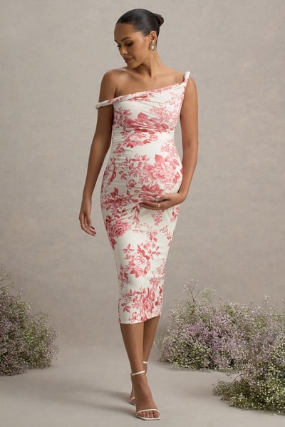 Club L London Salome | Pink Floral Print Twisted Asymmetric Maternity Midi Dress
