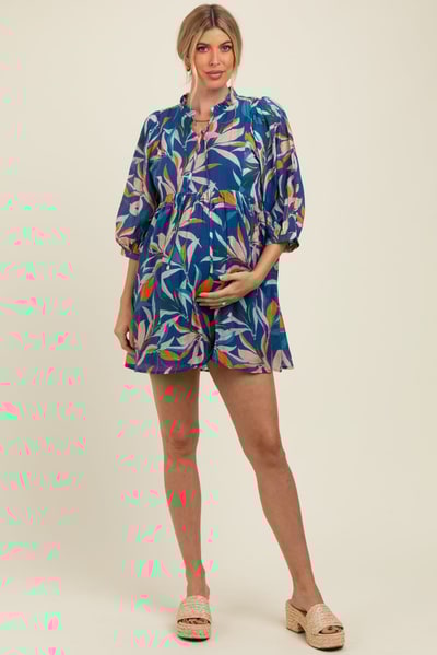 PinkBlush Navy Leaf Print Front Tie 3/4 Sleeve Maternity Dress