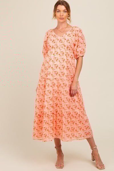 PinkBlush Red Floral V-Neck Tiered Maternity Midi Dress