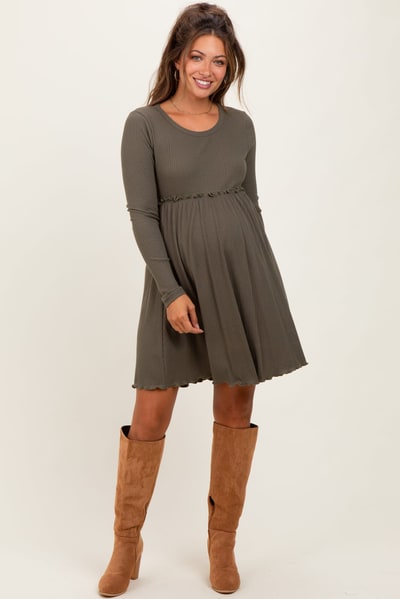 PinkBlush Olive Solid Ribbed Long Sleeve Crewneck Shirring Maternity Mini Dress