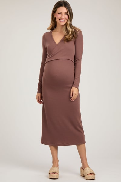 PinkBlush Brown Ribbed Long Sleeve Maternity Wrap Nursing Dress
