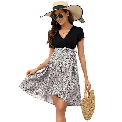 Target WhizMax Women's Maternity Dress Casual Short Sleeve Summer High Waist A Line Dress for Photoshop Baby Shower BrownLeopard XL