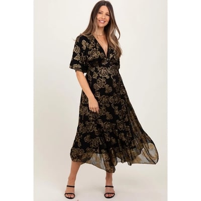 Target PinkBlush Black Metallic Floral Jacquard Overlay Maternity Maxi Dress Black Small