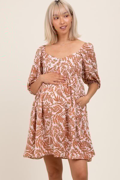 PinkBlush Peach Floral Puff Sleeve Maternity Dress