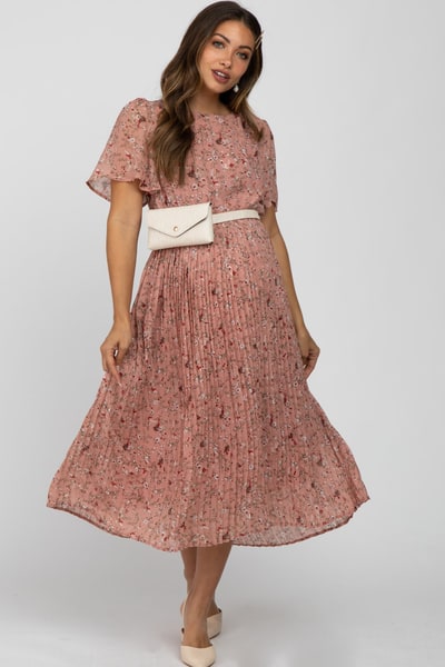 PinkBlush Light Pink Floral Pleated Short Sleeve Chiffon Maternity Midi Dress