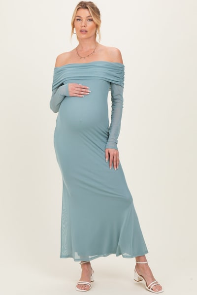 PinkBlush Blue Mesh Overlay Off Shoulder Long Sleeve Maternity Midi Dress