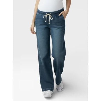 Target Women's Under the Belly Tie Waist Denim Wide Leg Pant - Hansel Wash - Size: Medium - Motherhood Maternity