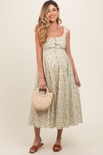 PinkBlush Cream Floral Button Front Sleeveless Maternity Maxi Dress