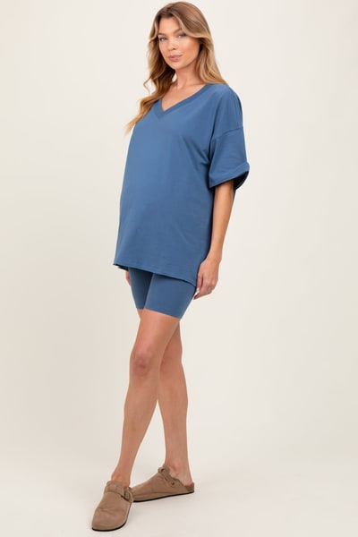 PinkBlush Blue Oversized V-Neck Biker Short Maternity Set