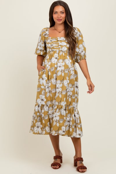 PinkBlush Olive Floral Pleated Bodice Maternity Midi Dress